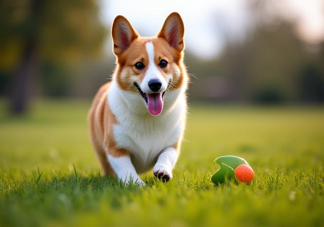 A happy corgi playing with a ball.