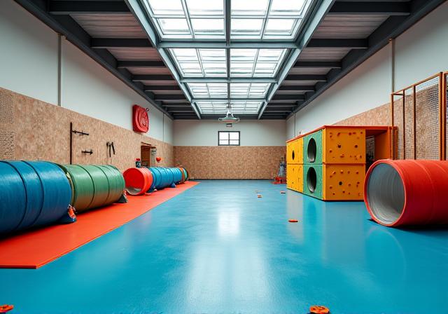 The spacious and safe indoor play area for dogs.