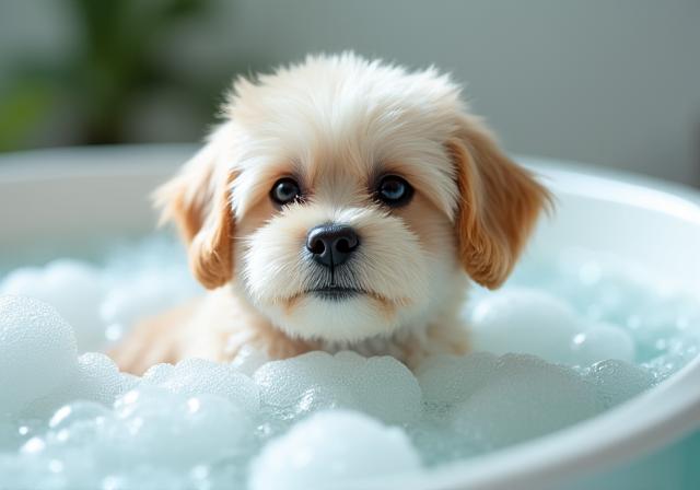 A small dog enjoying a spa bath.