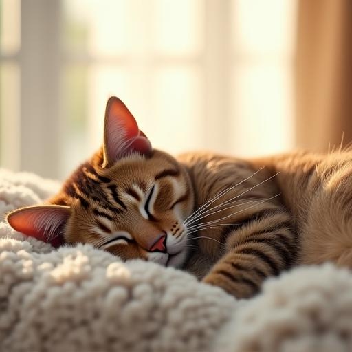 A cat peacefully sleeping in a sunlit, calming environment.