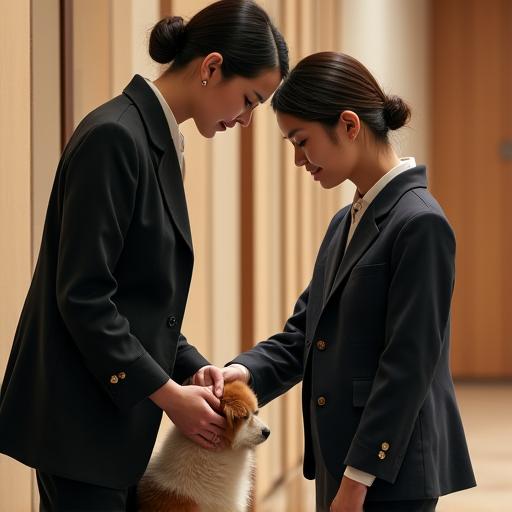 Staff member bowing respectfully to a pet owner.