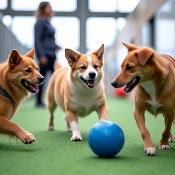 A group of dogs playing happily in a clean indoor park.