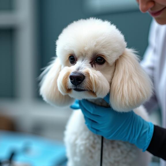 A Poodle receiving a professional grooming session.