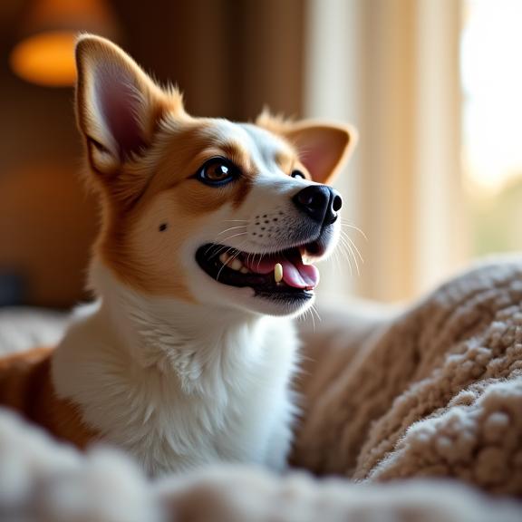 A happy dog looking out from its luxury boarding suite.